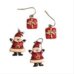 Christmas Earrings 2 Pair Wire Hook Pierced Santa & Presents Red White G…
